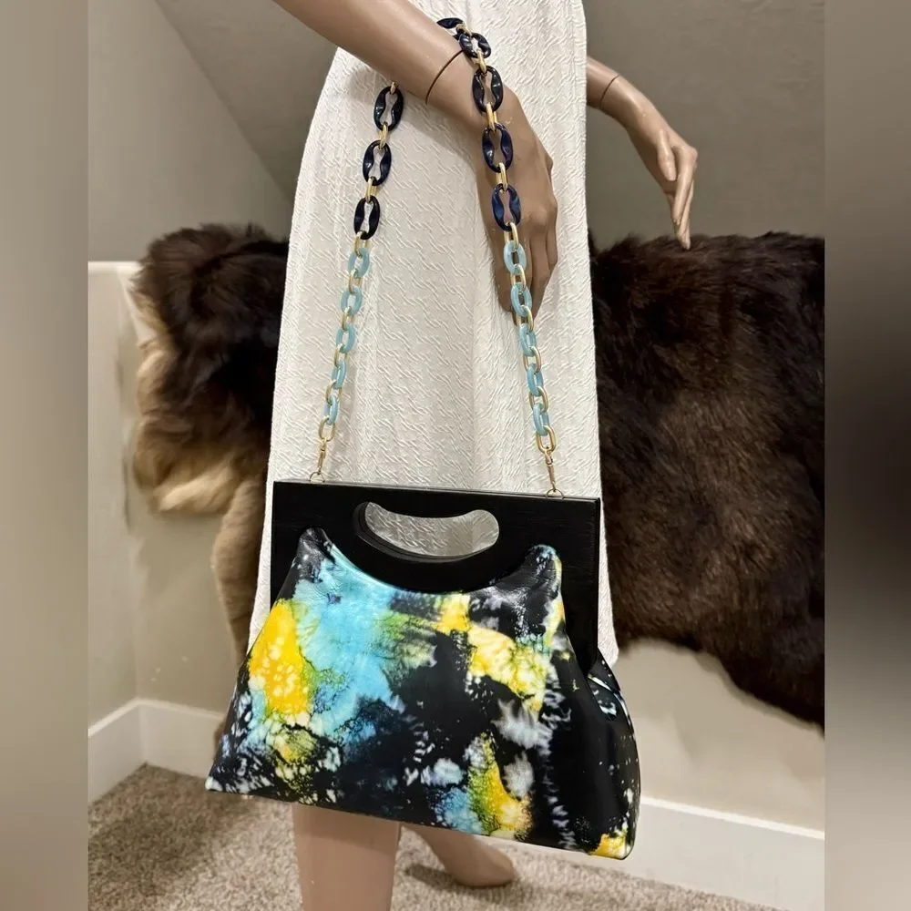 Unique Cowhide Leather Tie-dye Print Handmade Wooden Frame Top Handle Bag